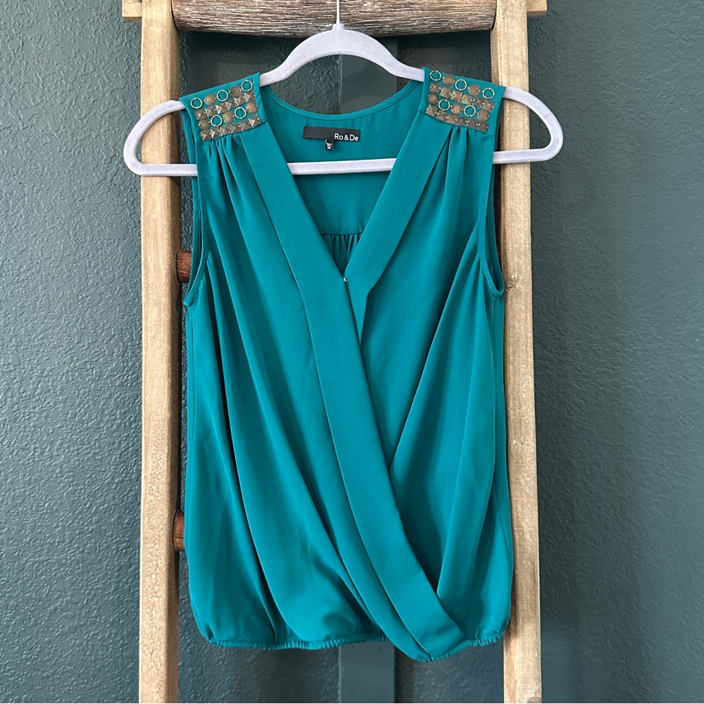 Ro & De Teal Drape Wrap Blouse With Studded Shoulders Size Xsmall